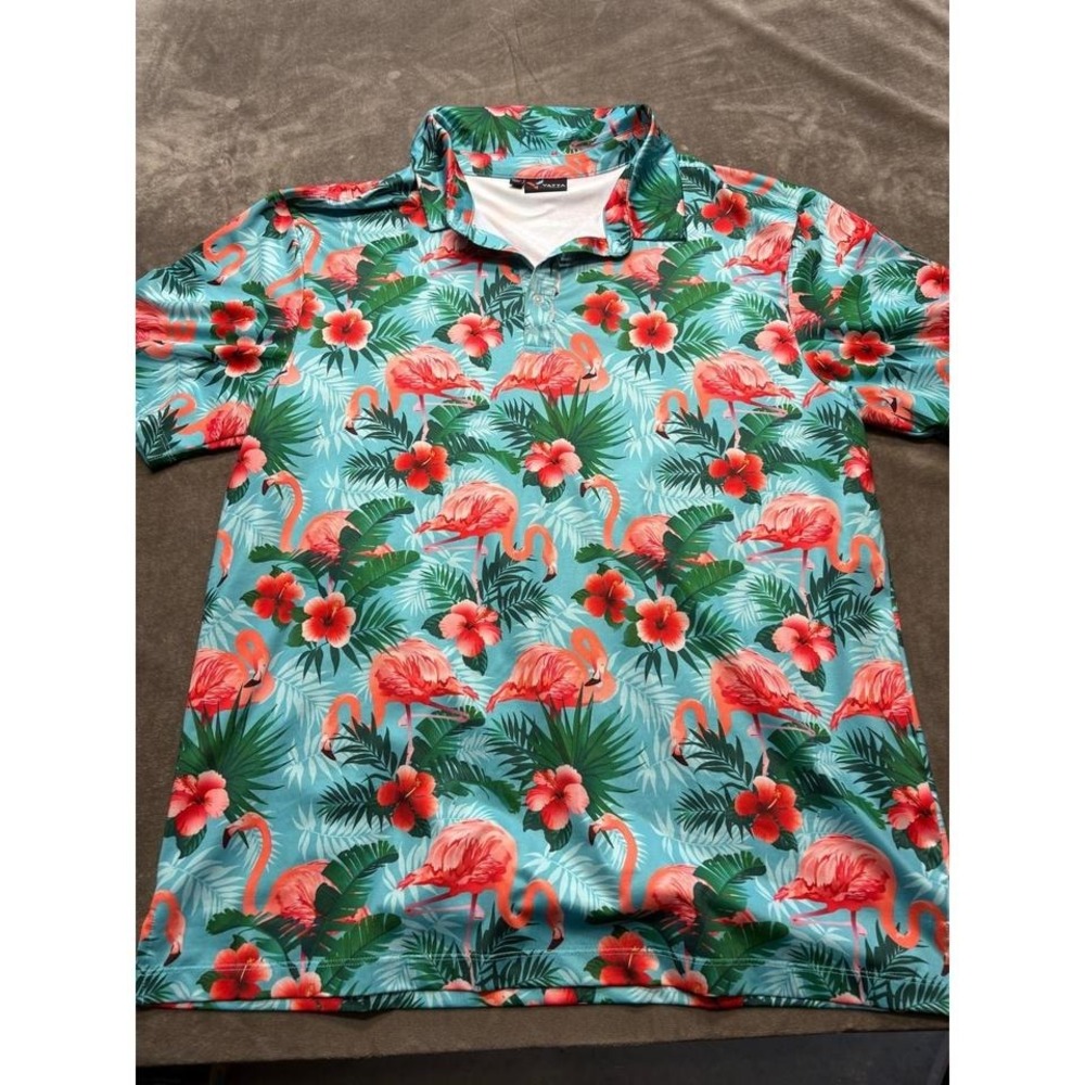 Yatta Golf Men's Flamingo Tropical Print Short Sleeve Polo Shirt Size L